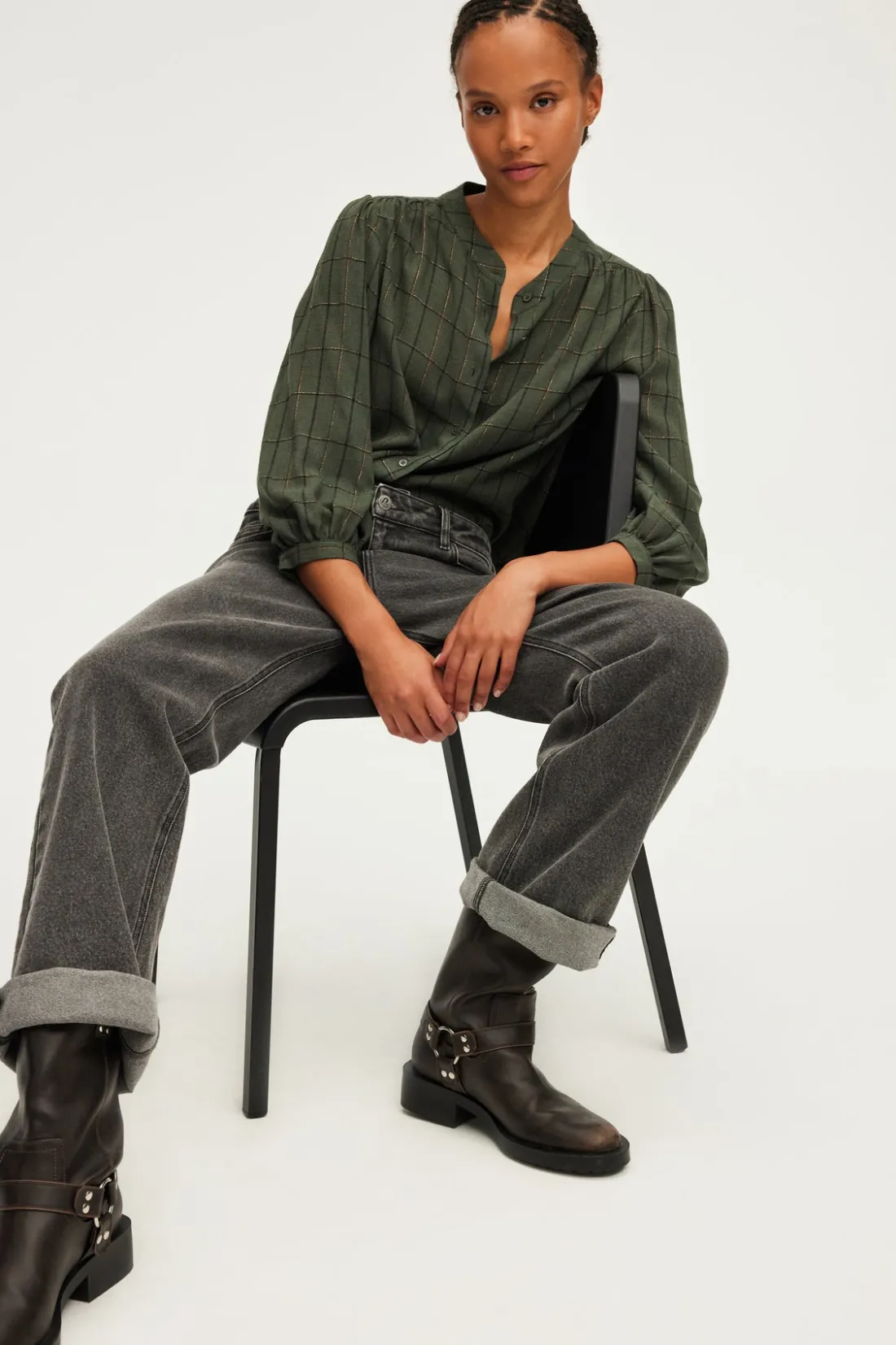Pablo Chemise col rond à carreaux et lurex - BAHIR VertKaki Sale