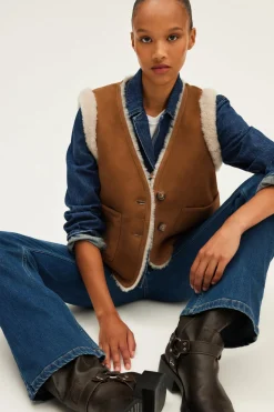 Pablo Veste sans manche en peau lainée - LOLY Camel Flash Sale